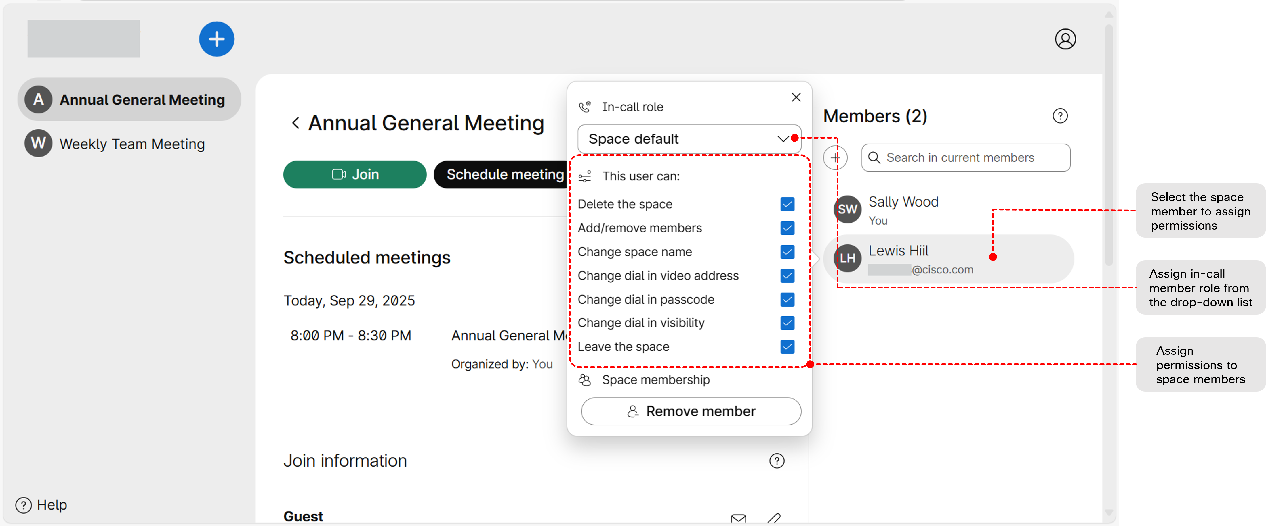 List shows member roles and permissions