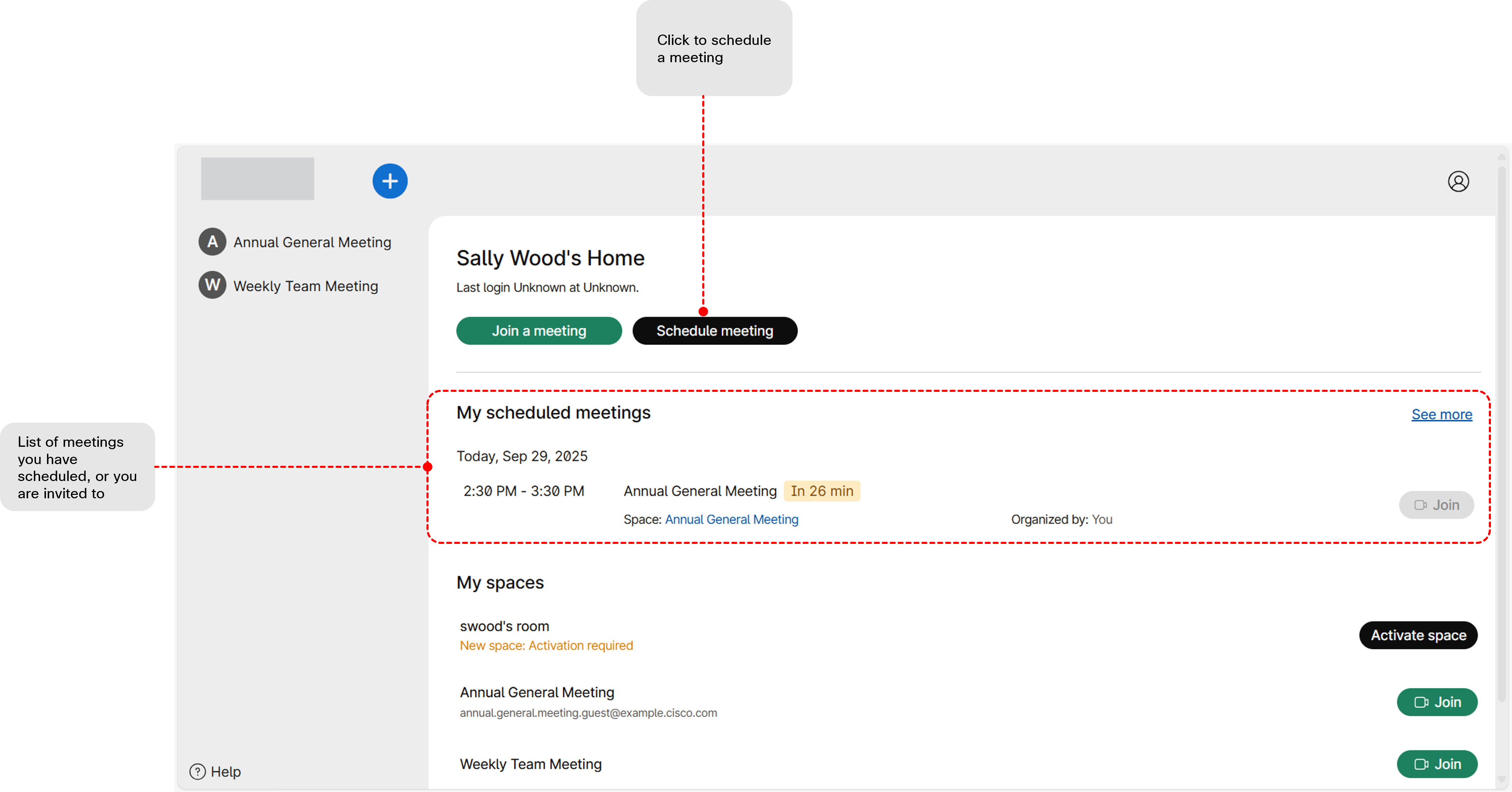 Schedule meeting page shown list of scheduled or invited meetings